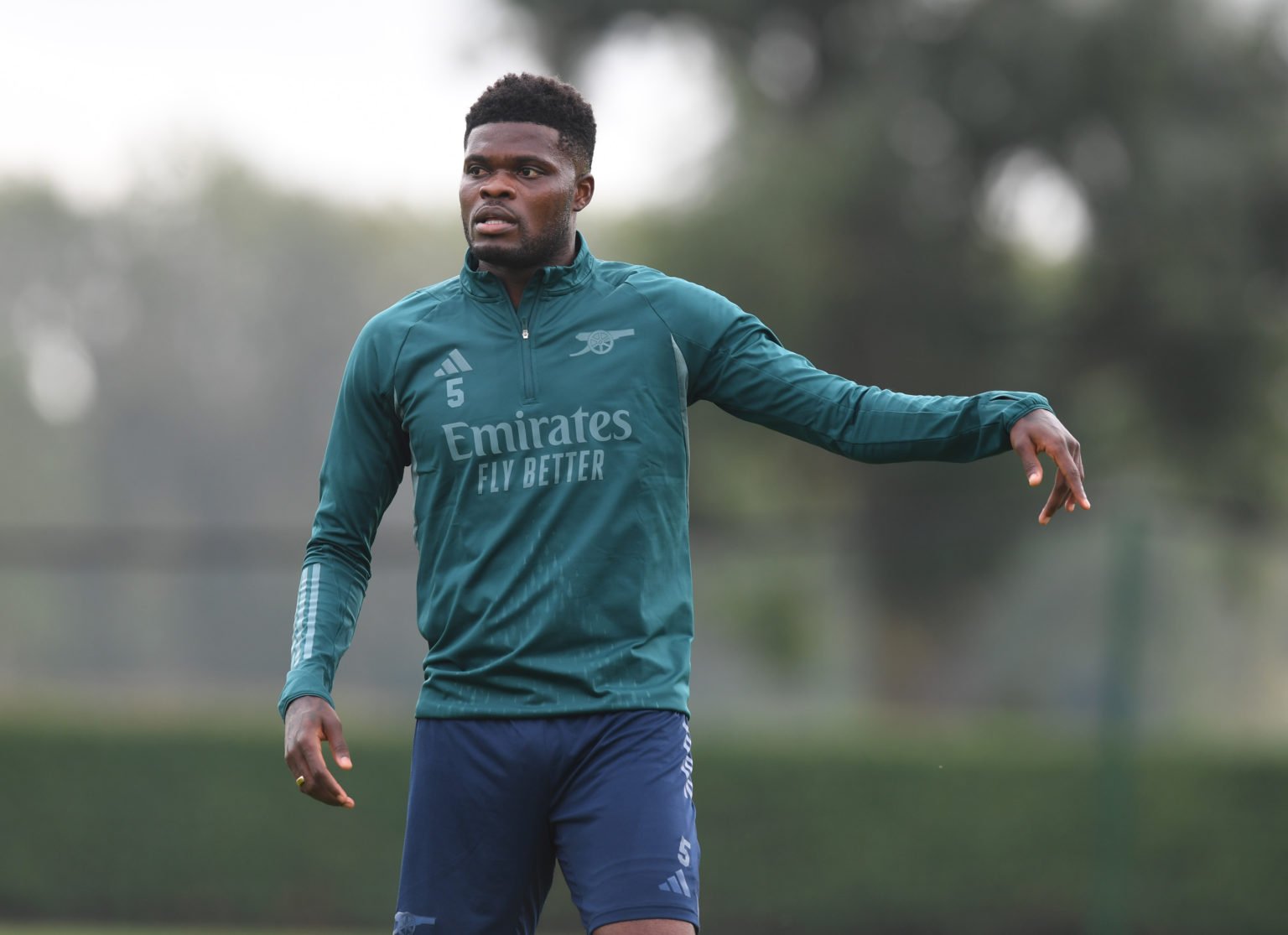 Thomas Partey of Arsenal during a training session at London Colney on October 02, 2023 in St Albans, England.