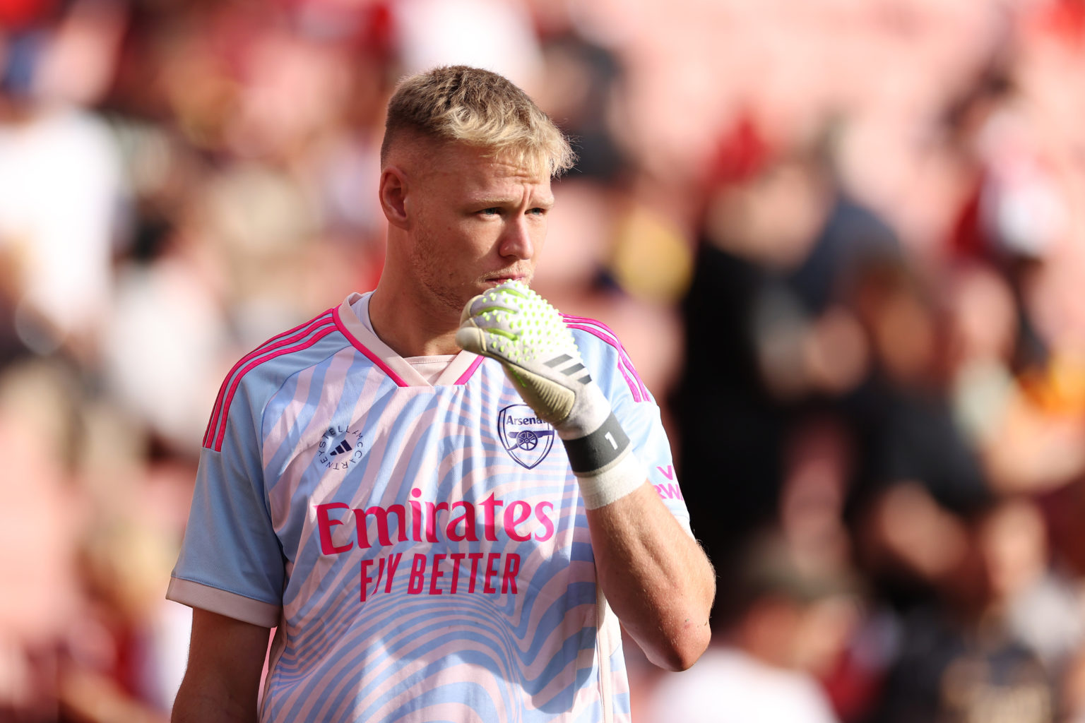 Aaron Ramsdale of Arsenal warms up prior to the Premier League match between Arsenal FC and Manchester City at Emirates Stadium on October 08, 2023...