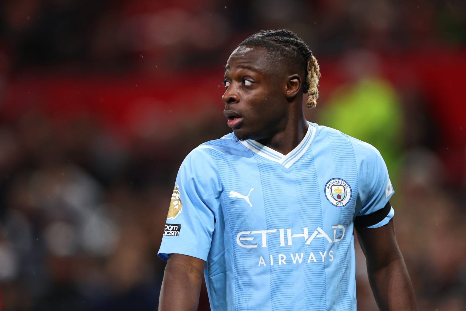 Jérémy Doku of Manchester City during the Premier League match between Manchester United and Manchester City at Old Trafford on October 29, 2023 in...