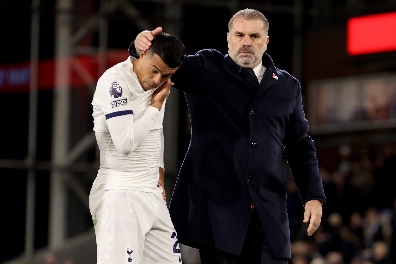 Pedro Porro and Ange Postecoglou, Manager of Tottenham Hotspur, embrace during the Premier League match between Crystal Palace and Tottenham Hotspu...