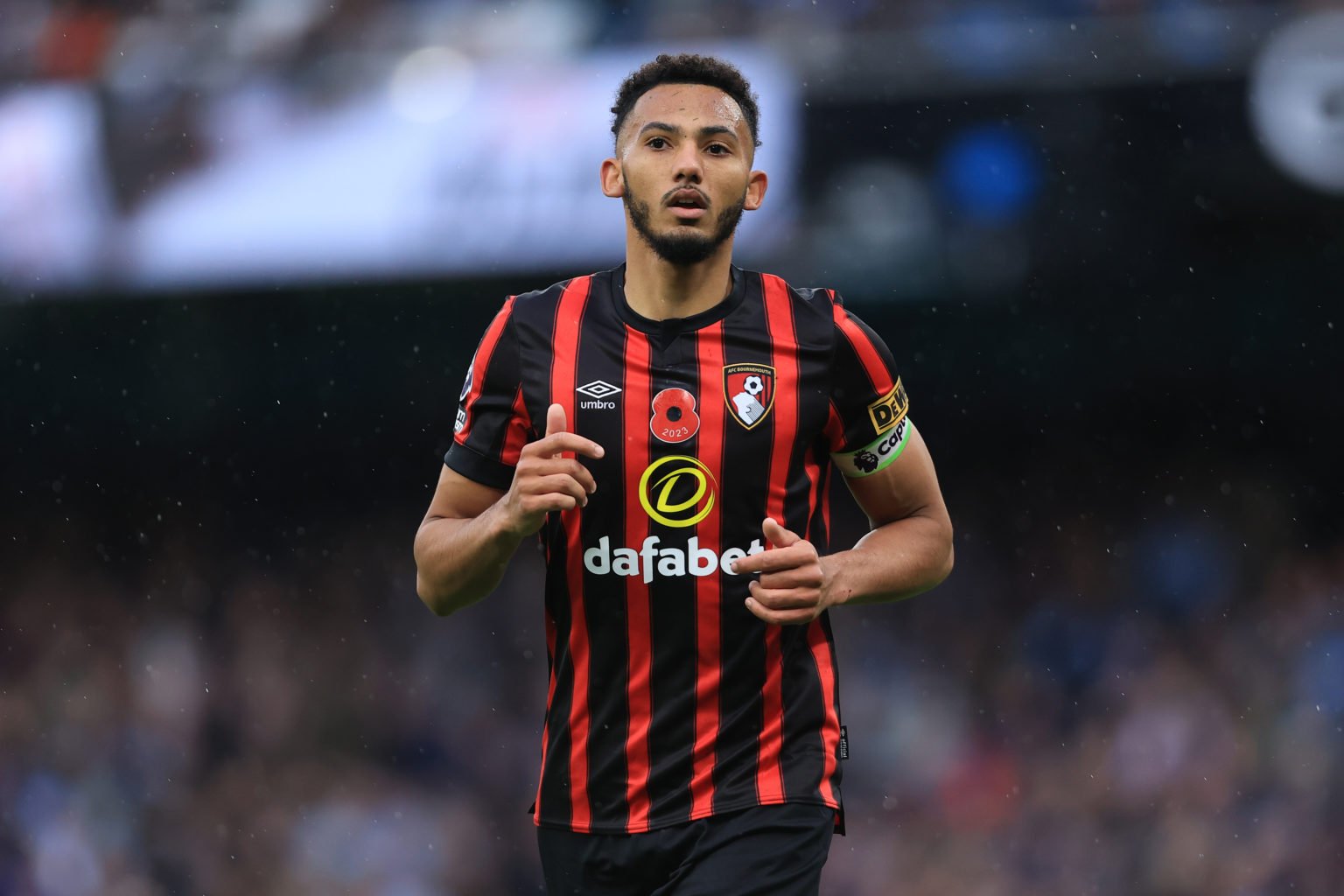 Lloyd Kelly of Bournemouth looks on during the Premier League match between Manchester City and AFC Bournemouth at Etihad Stadium on November 4, 20...