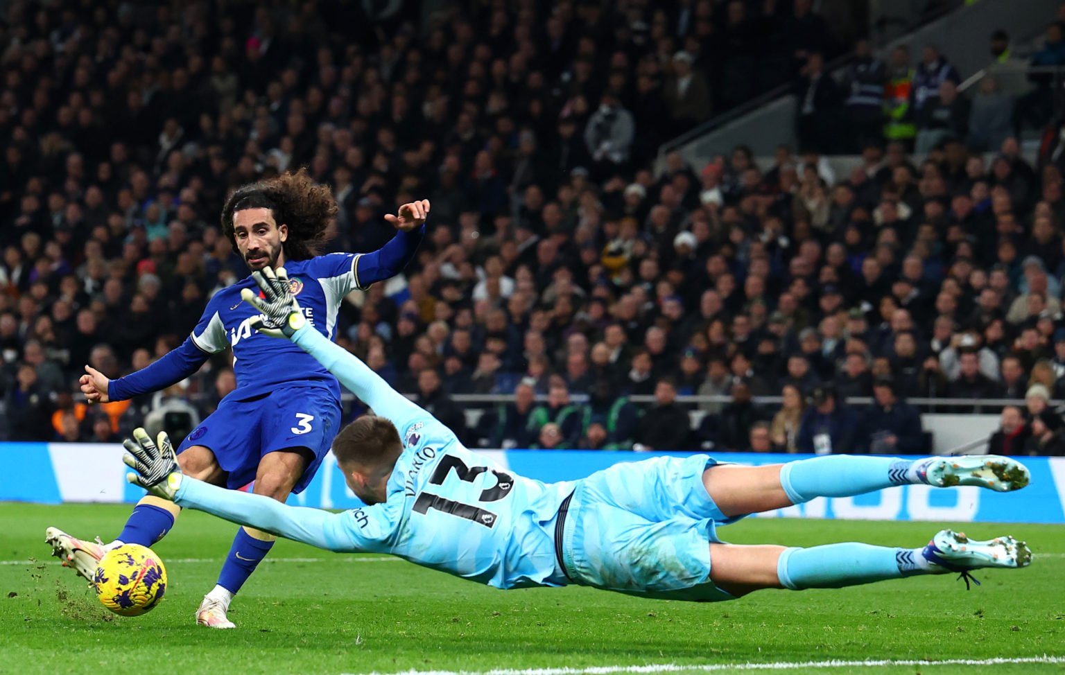 Marc Cucurella of Chelsea FC takes a shot at the goal  during the Premier League match between Tottenham Hotspur and Chelsea FC at Tottenham Hotspu...