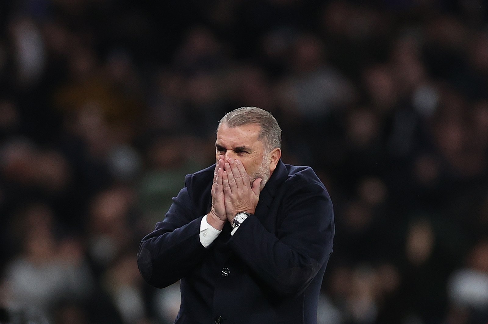 Ange Postecoglou, Manager of Tottenham Hotspur, reacts during the Premier League match between Tottenham Hotspur and Chelsea FC at Tottenham Hotspu...