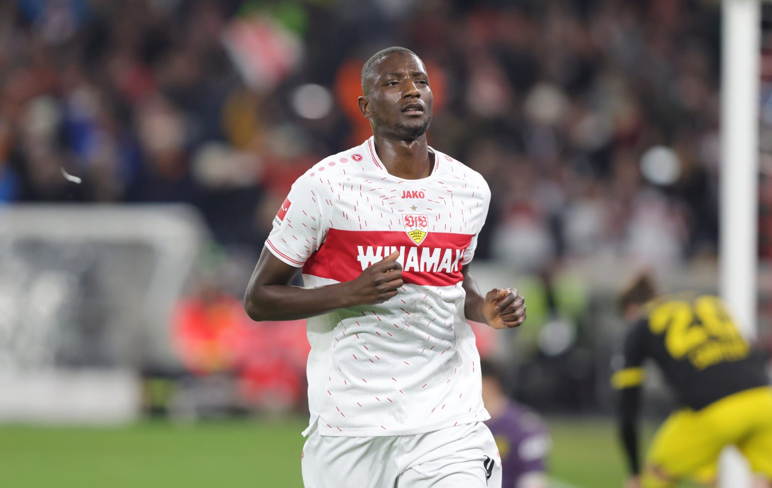 Serhou Guirassy of VfB Stuttgart celebrates after scoring his teams second goal from the penalty spot during the Bundesliga match between VfB Stutt...