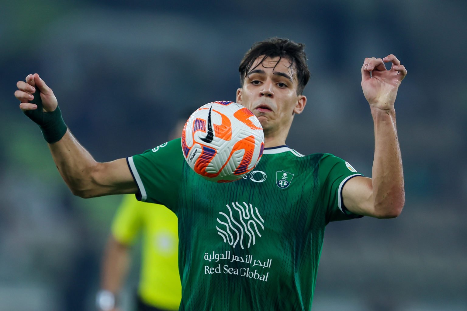 Gabri Veiga of Al Ahli SFC controls the ball during the Saudi Pro League match between Al-Ahli SFC and Al-Shabab at Prince Abduallh Al Faisal stadi...