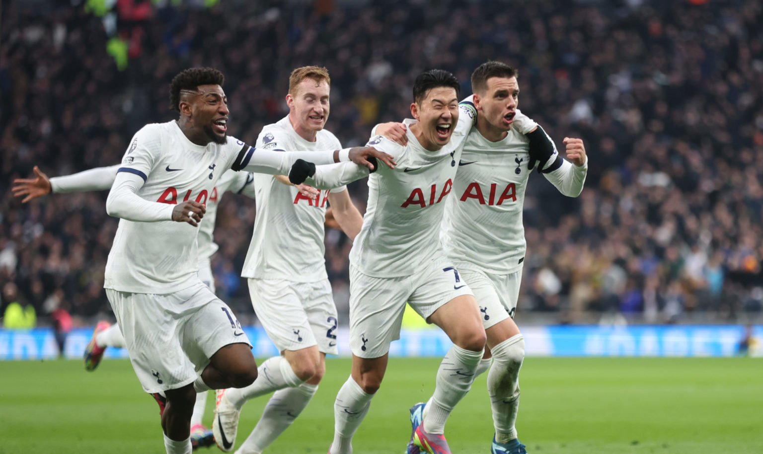 Tottenham Hotspur's Giovani Lo Celso celebrates scoring his side's first goal with Son Heung-Min, Emerson and Dejan Kulusevski during the Premier L...