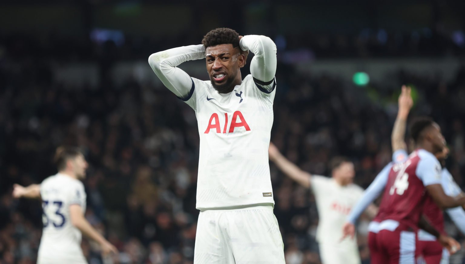 Dejection for Tottenham Hotspur's Emerson Royal during the Premier League match between Tottenham Hotspur and Aston Villa at Tottenham Hotspur Stad...