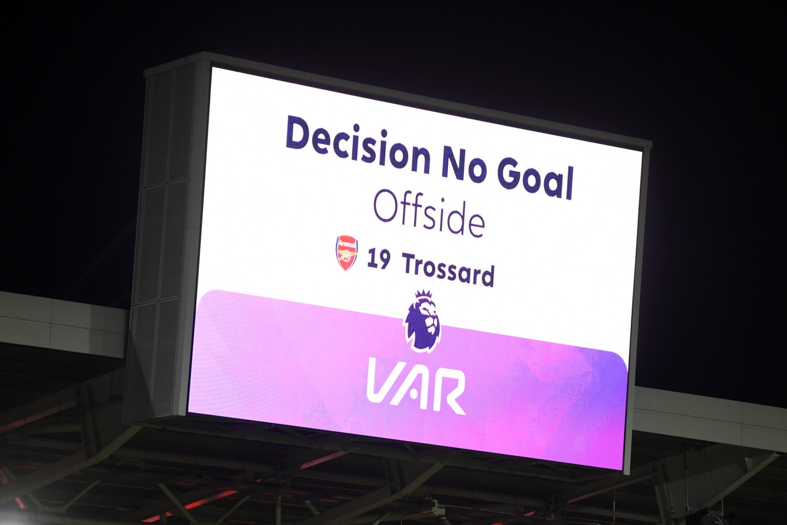 The LED board shows the offside decision that ruled out Leandro Trossard of Arsenal's goal during the Premier League match between Brentford FC and...