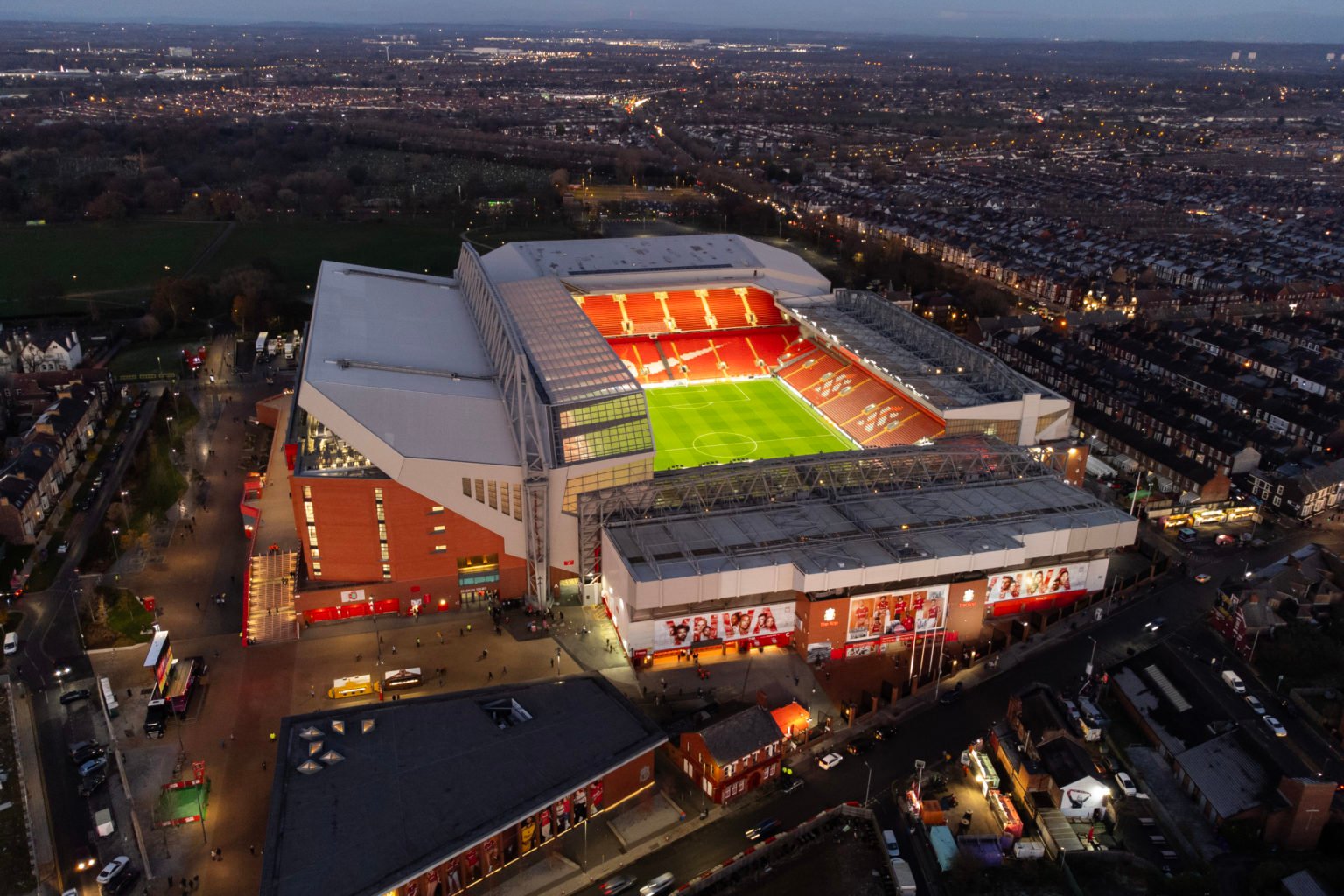 A general aerial view ahead of the UEFA Europa League Group E match between Liverpool FC and LASK at Anfield on November 30, 2023 in Liverpool, Eng...