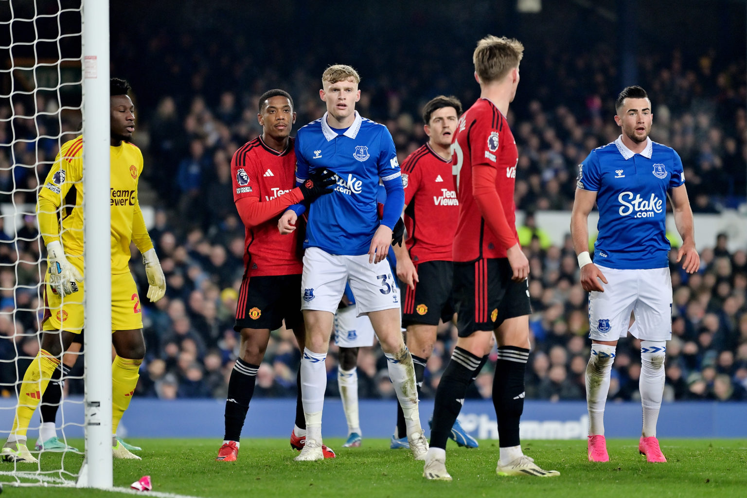 Jarrad Branthwaite (C) of Everton during the Premier League match between Everton FC and Manchester United at Goodison Park on November 26, 2023 in...