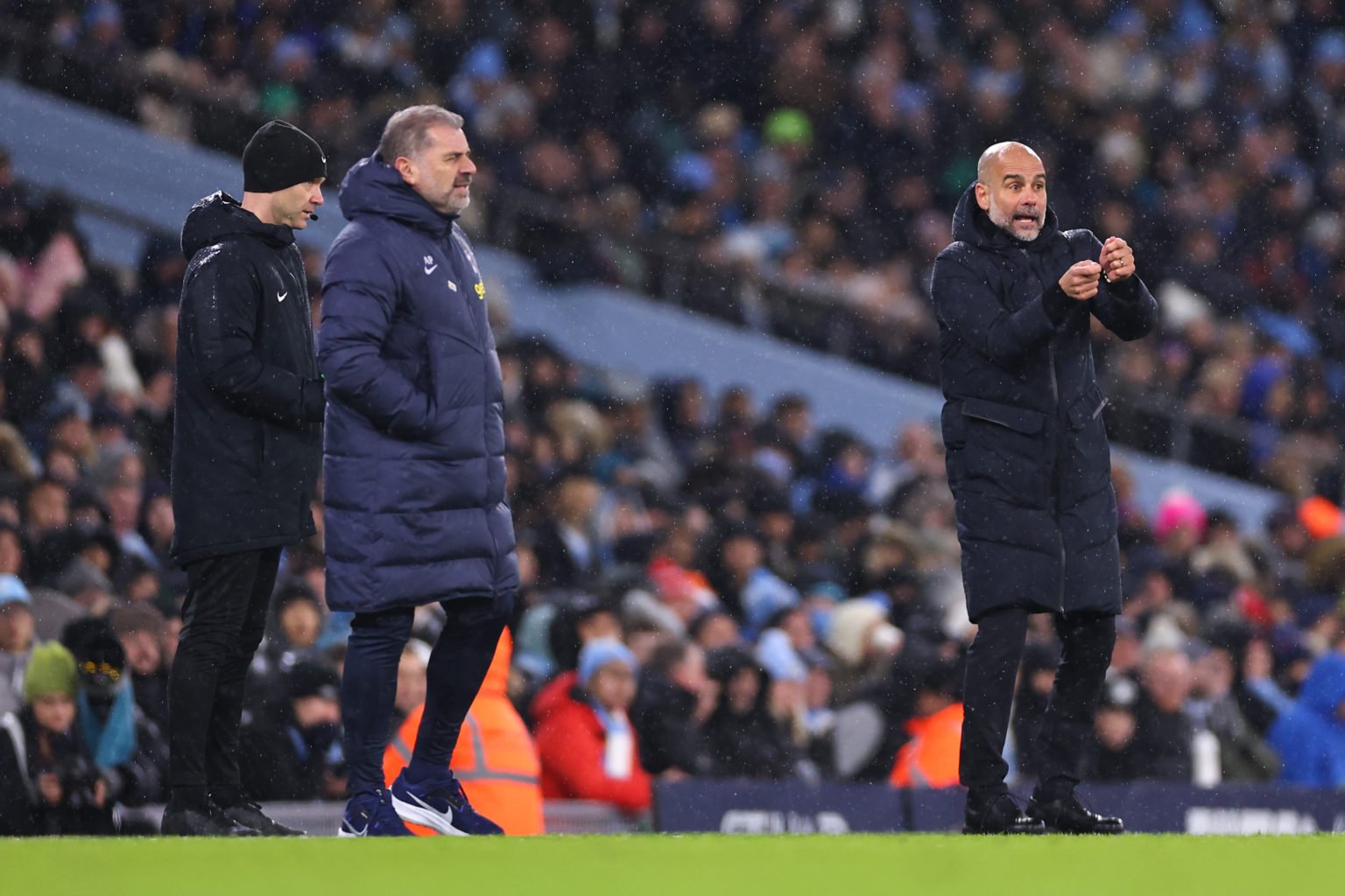 Pep Guardiola the head coach / manager of Manchester City during the Premier League match between Manchester City and Tottenham Hotspur at Etihad S...