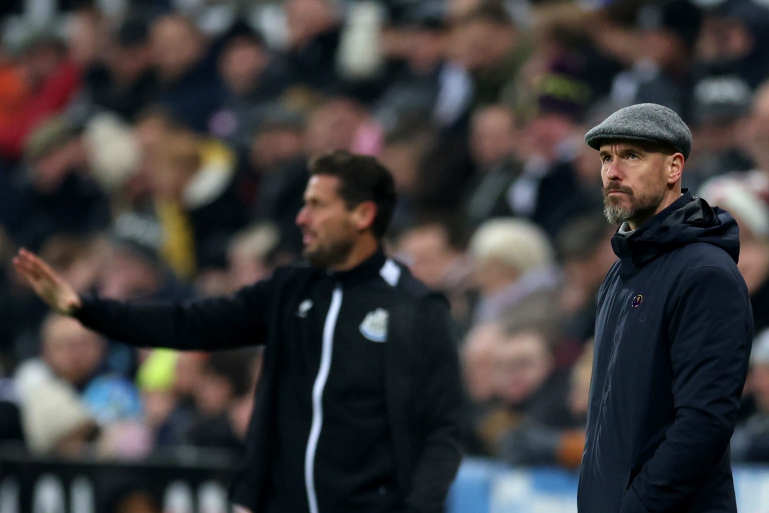 Erik ten Hag, Manager of Manchester United, looks on during the Premier League match between Newcastle United and Manchester United at St. James Pa...