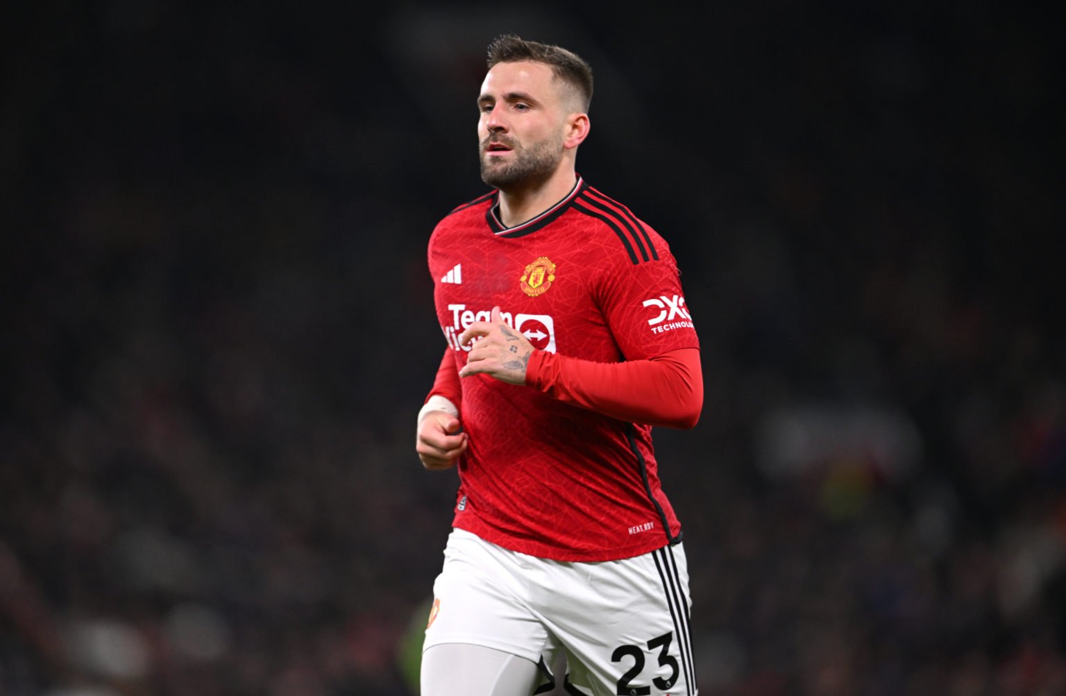 Manchester United player Luke Shaw in action during the Premier League match between Manchester United and Chelsea FC at Old Trafford on December 0...