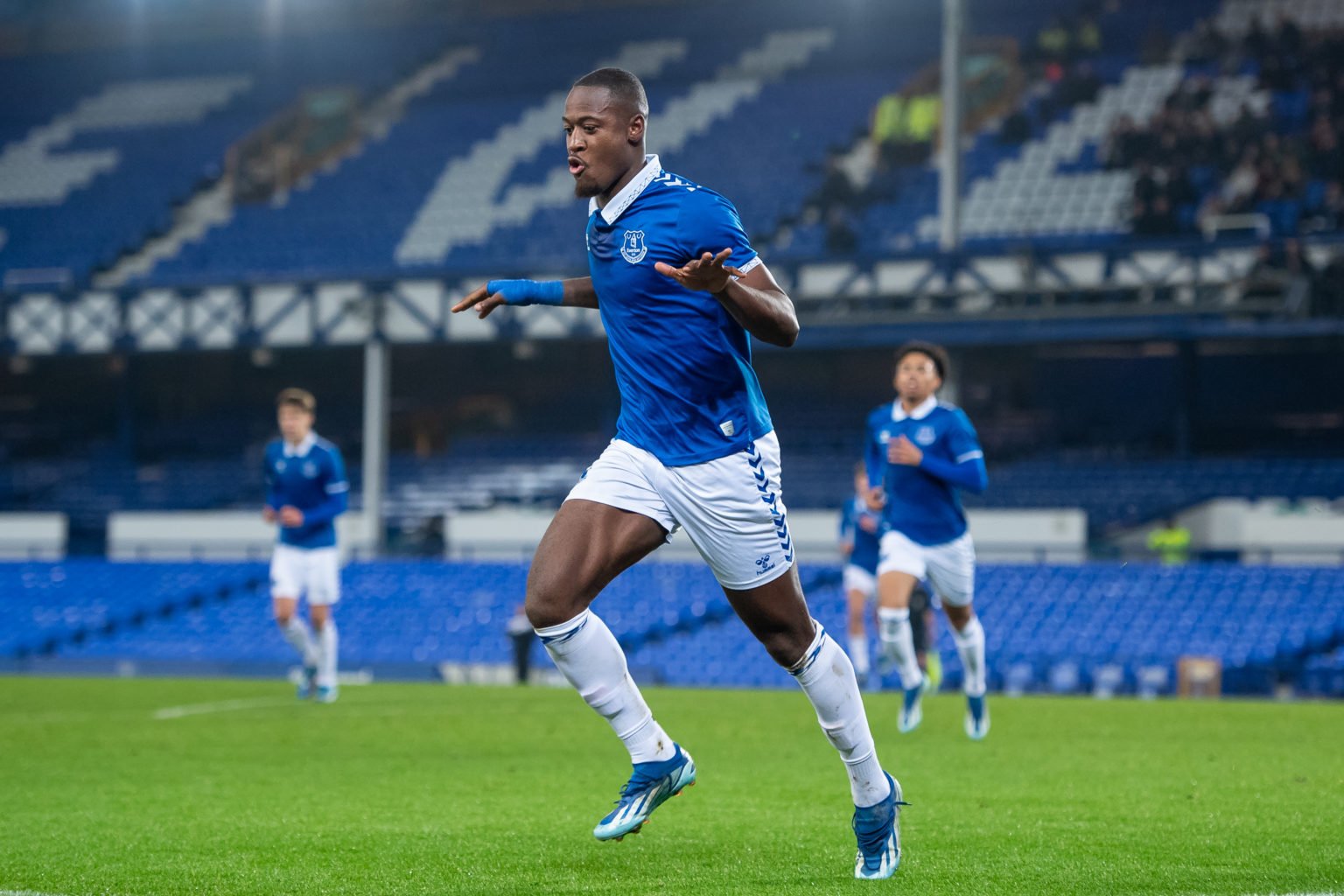 Martin Sherif of Everton celebrates scoring his teams first goal during the FA Youth Cup match between Everton U18 and Stockport U18 at Goodison Pa...