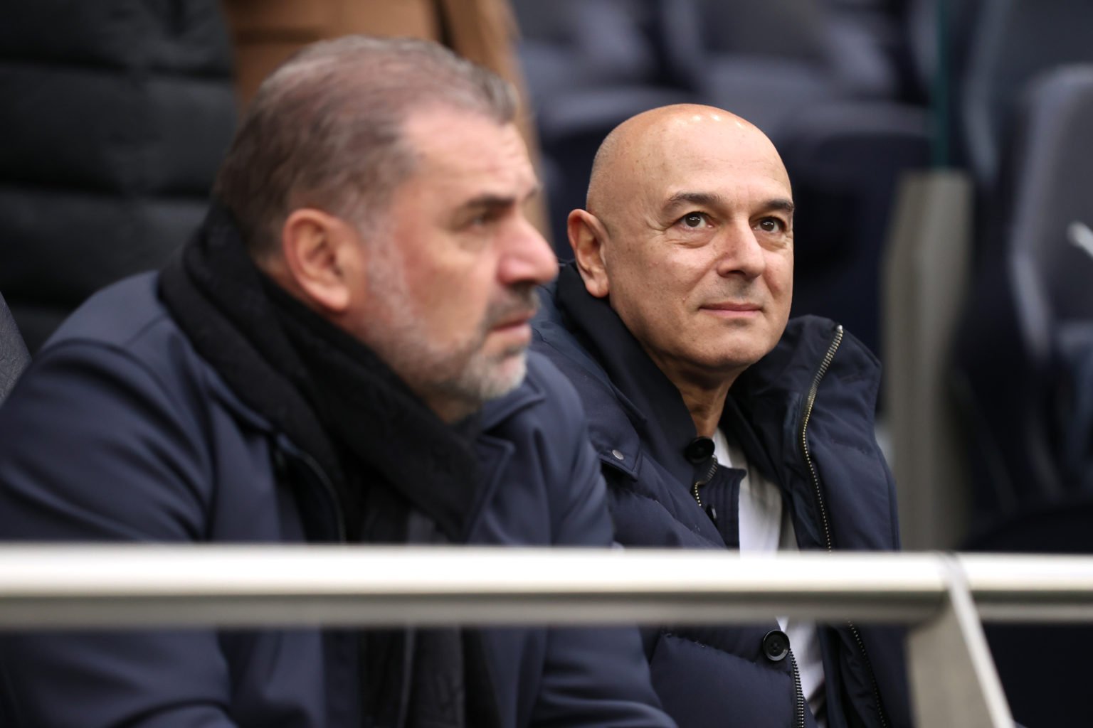 Daniel Levy, chairman of Tottenham Hotspur (R) and Tottenham Hotspur Men's Manager, Ange Postecoglou, spectate the Barclays Women´s Super League ma...