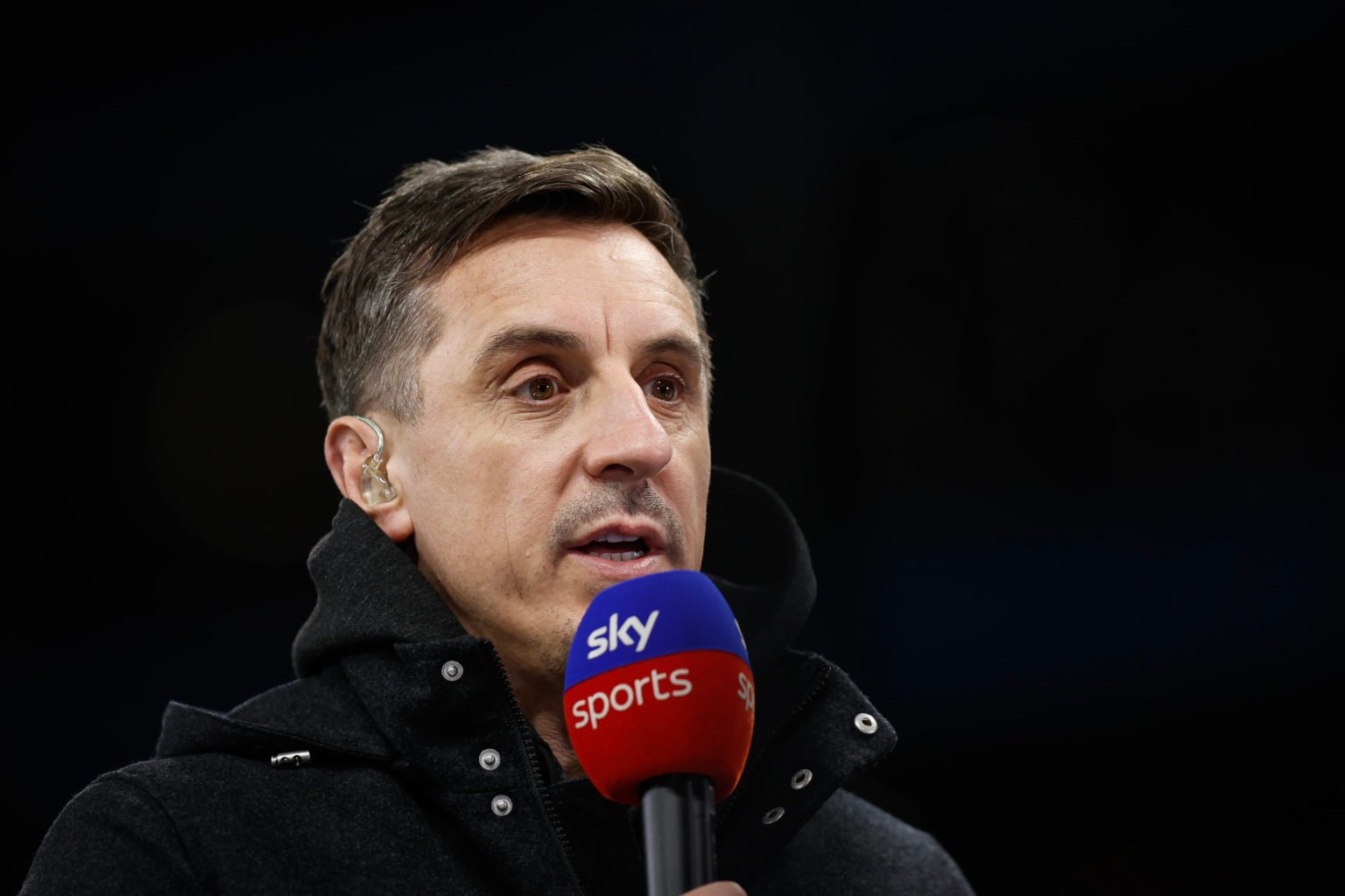 TV pundit Gary Neville working for Sky Sports during the Premier League match between Aston Villa and Sheffield United at Villa Park on December 22...