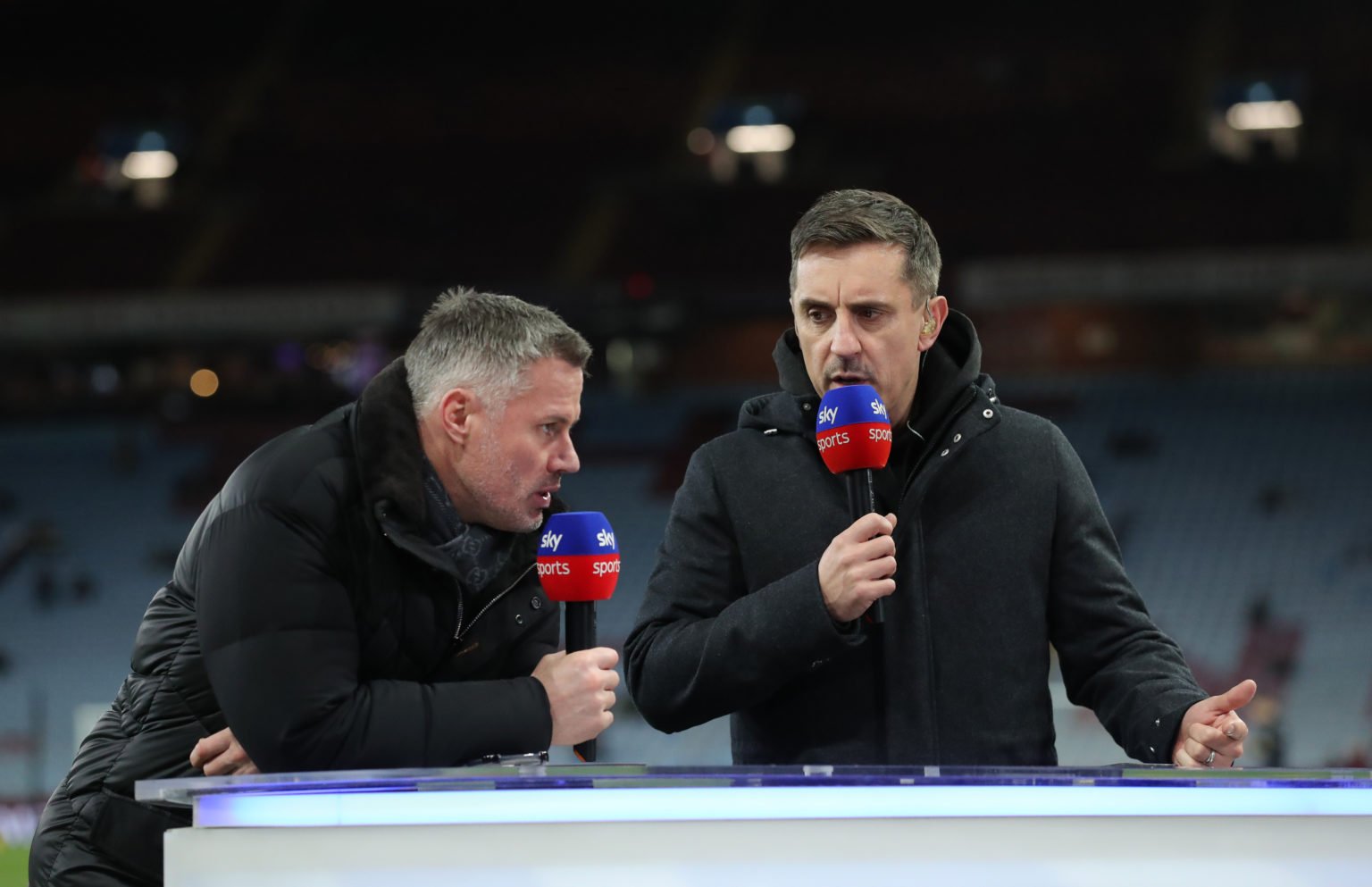 Sky Sports pundits Jamie Carragher and Gary Neville talk prior to the Premier League match between Aston Villa and Sheffield United at Villa Park o...