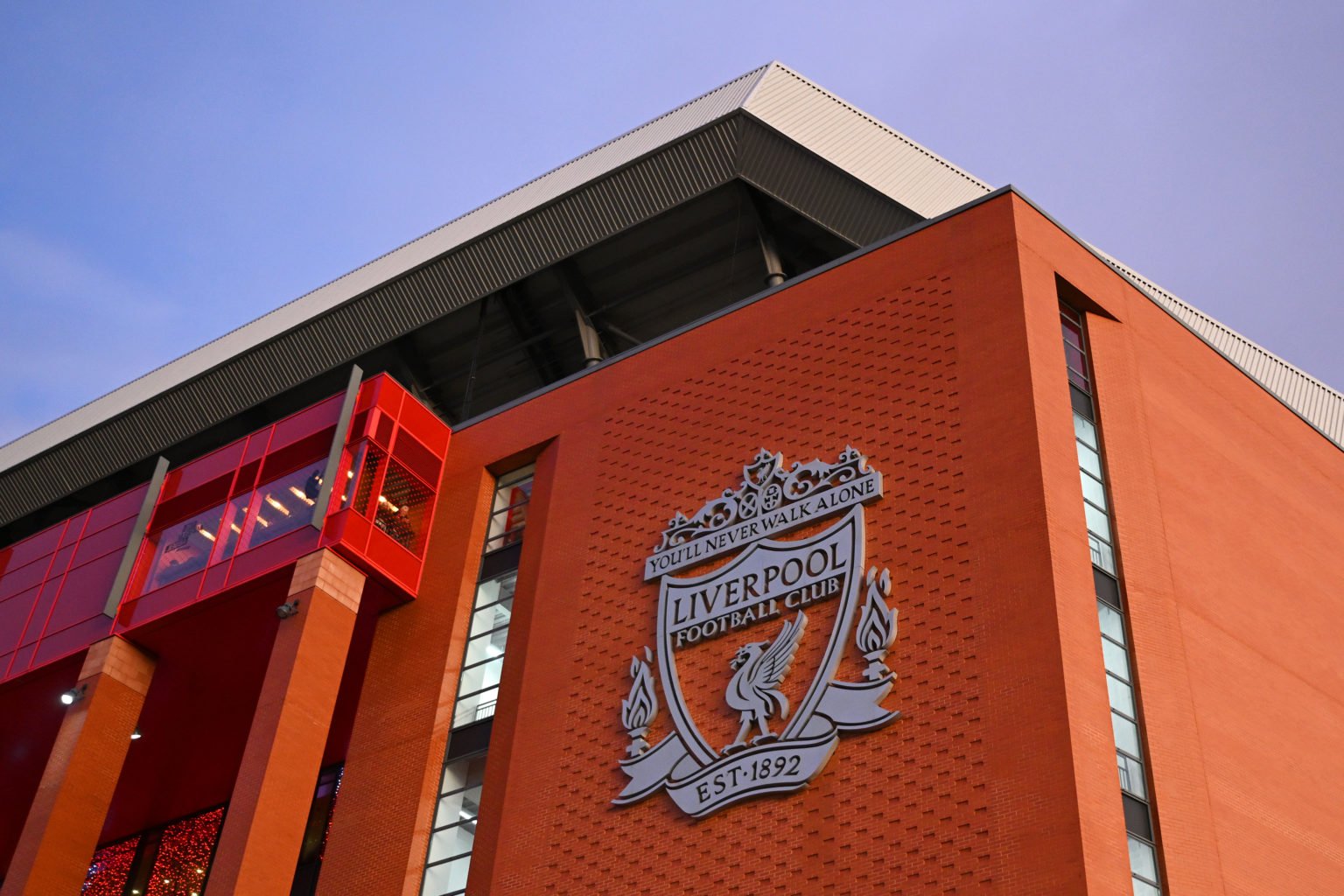 General view outside the stadium prior to the Premier League match between Liverpool FC and Arsenal FC at Anfield on December 23, 2023 in Liverpool...