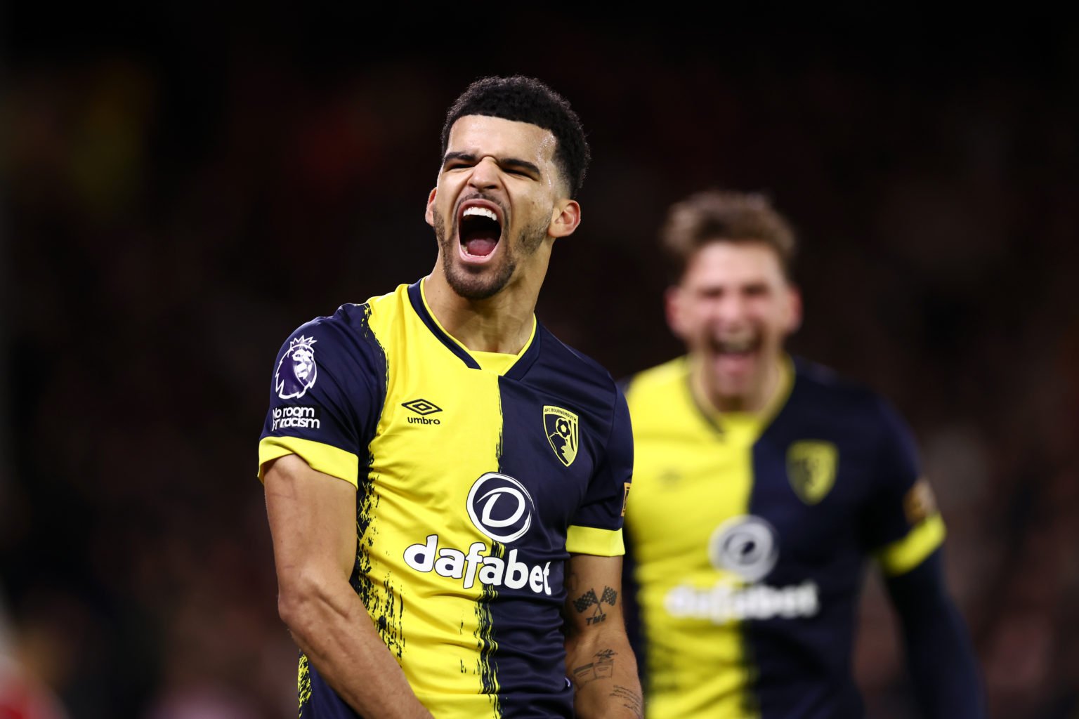 Dominic Solanke of Bournemouth celebrates after he scores his sides second goal during the Premier League match between Nottingham Forest and AFC B...