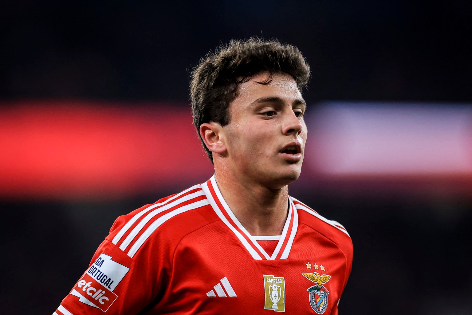 Benfica's Portuguese midfielder #87 Joao Neves looks on during the Portuguese League football match between SL Benfica and FC Famalicao at the Luz ...