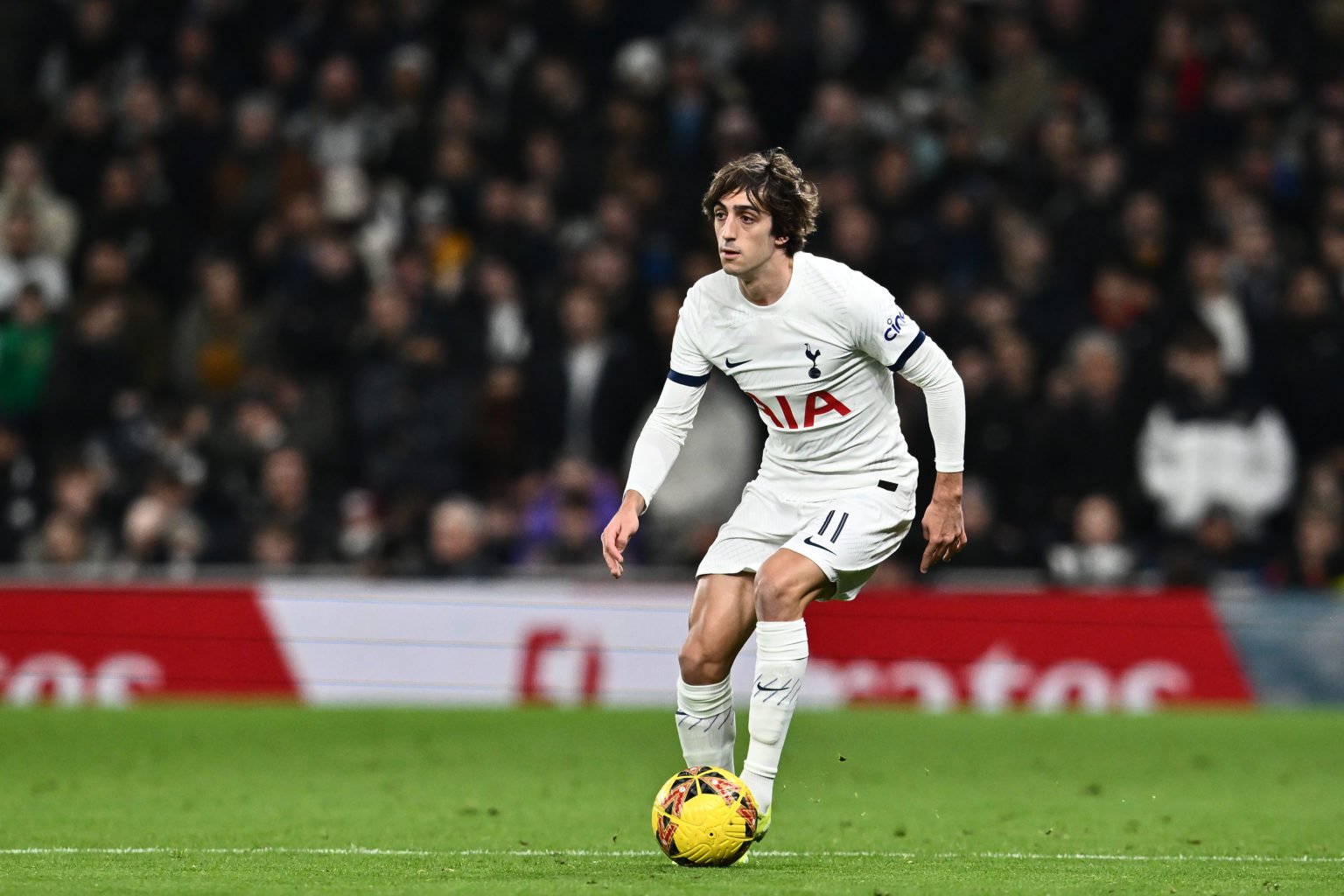 Bryan Gil of Tottenham Hotspur controls the ball during the Emirates FA Cup Third Round match between Tottenham Hotspur and Burnley at Tottenham Ho...