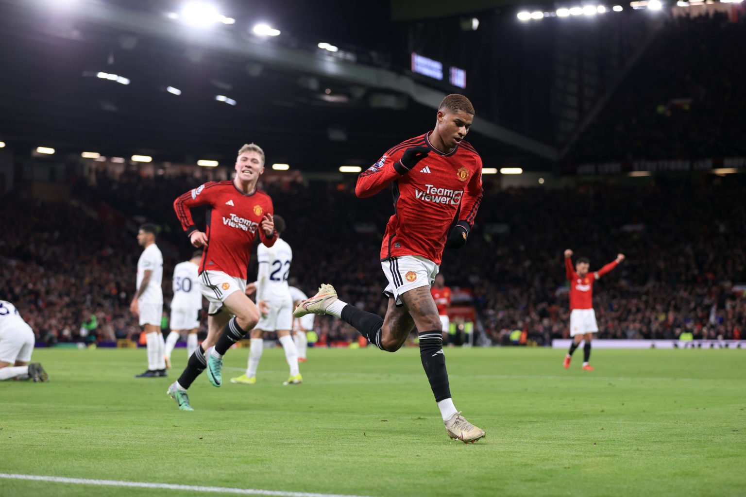 Marcus Rashford of Manchester United celebrates after scoring the second goal for his team during the Premier League match between Manchester Unite...