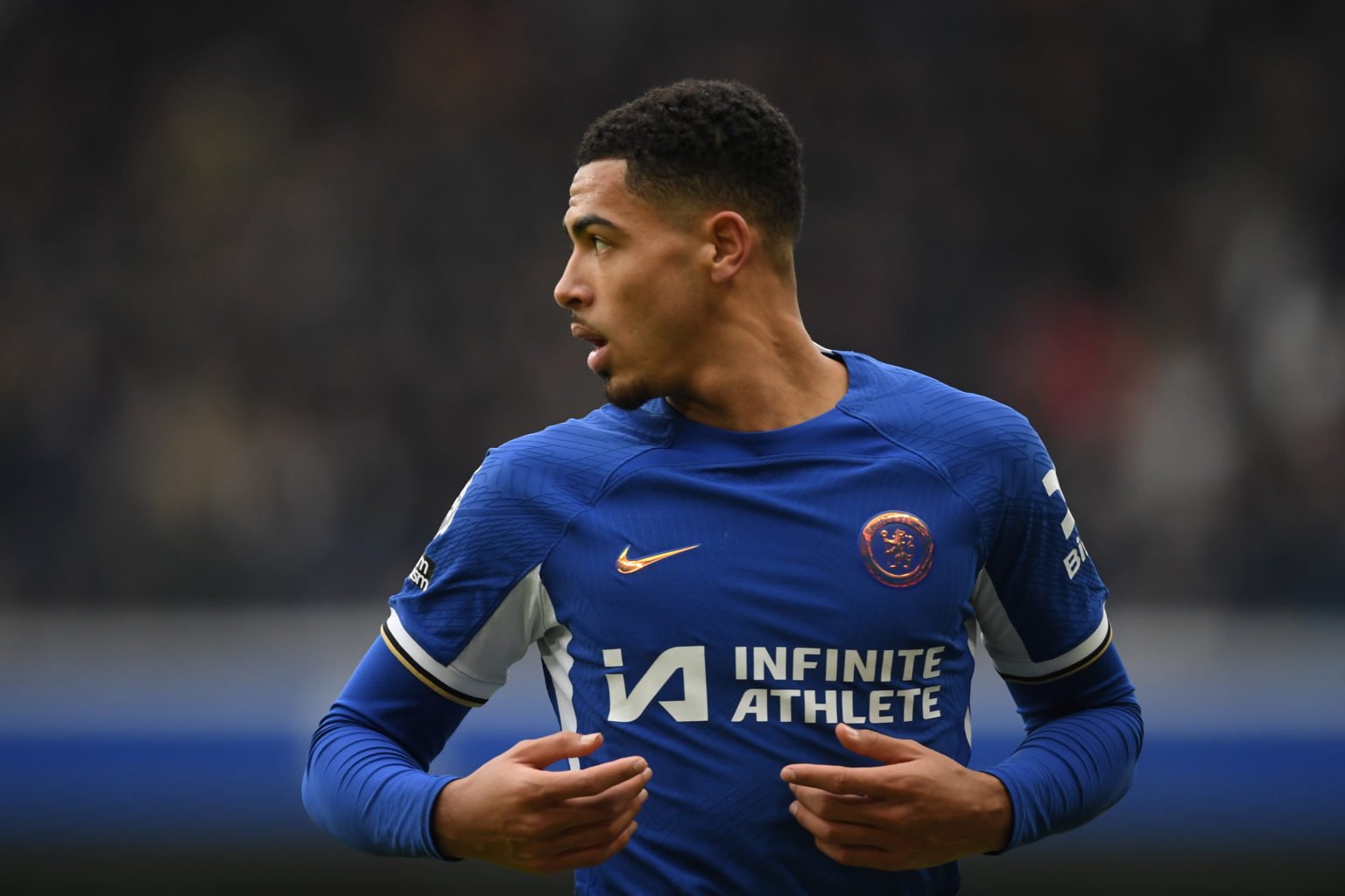 Levi Colwill of Chelsea in action during the Premier League match between Chelsea FC and Fulham FC at Stamford Bridge on January 13, 2024 in London...