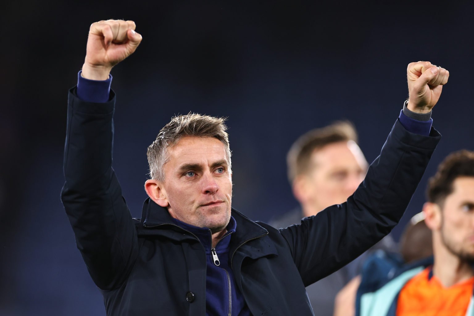 Kieran McKenna the head coach / manager of Ipswich Town celebrates at full time during the Sky Bet Championship match between Leicester City and Ip...