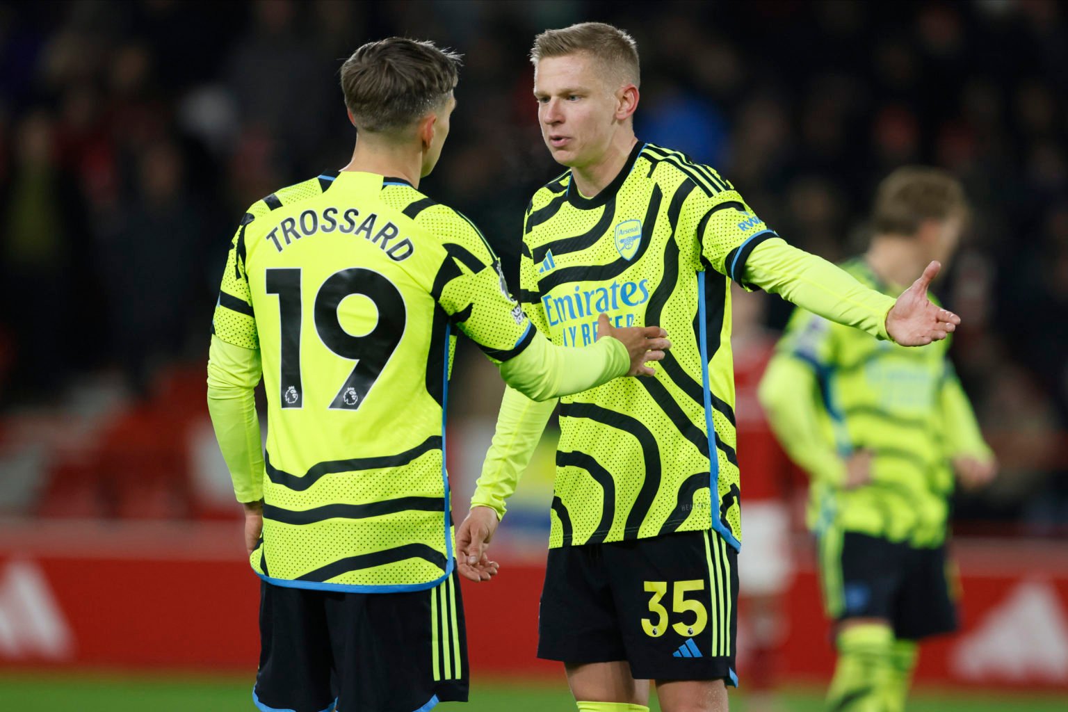 Leandro Trossard and Oleksandr Zinchenko of Arsenal during the Premier League match between Nottingham Forest and Arsenal FC at City Ground on Janu...