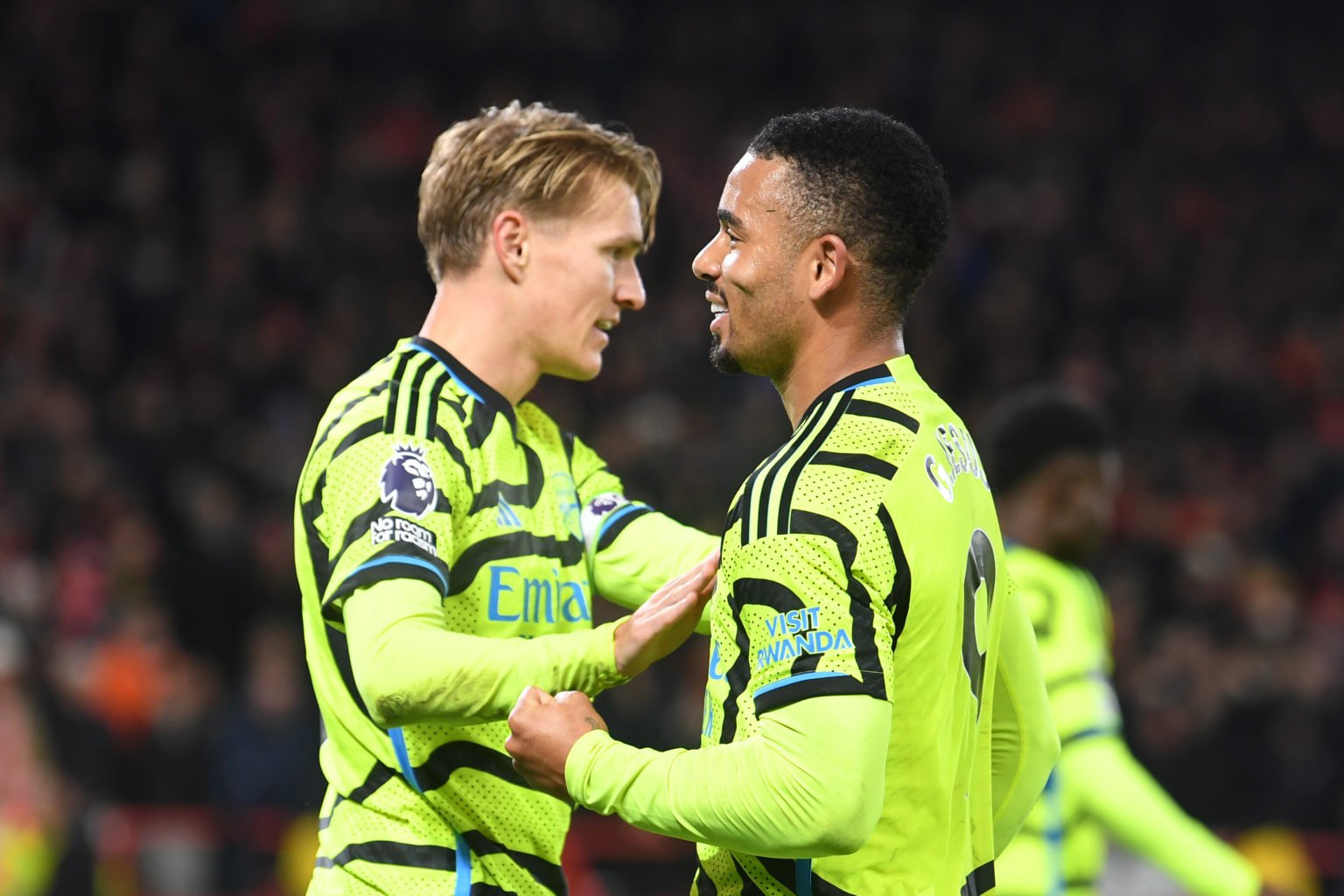 Gabriel Jesus of Arsenal celebrates scoring his team's first goal with teammate Martin Odegaard during the Premier League match between Nottingham ...