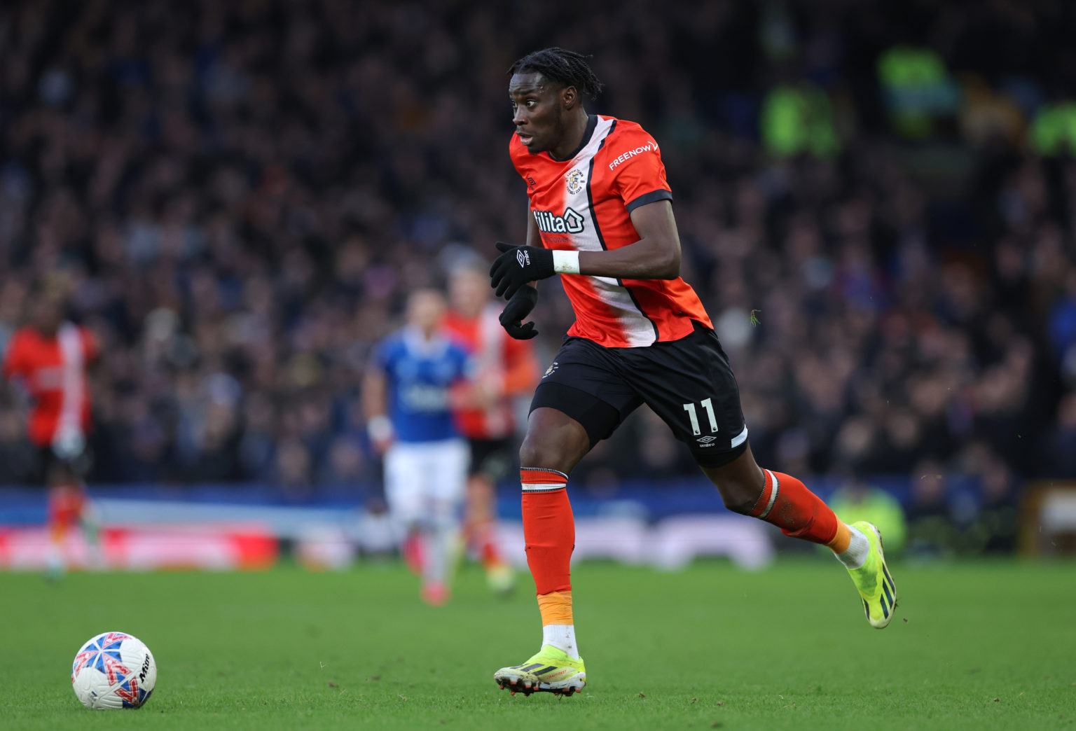 Elijah Adebayo of Luton Town during the Emirates FA Cup Fourth Round match between Everton and Luton Town at Goodison Park on January 27, 2024 in L...