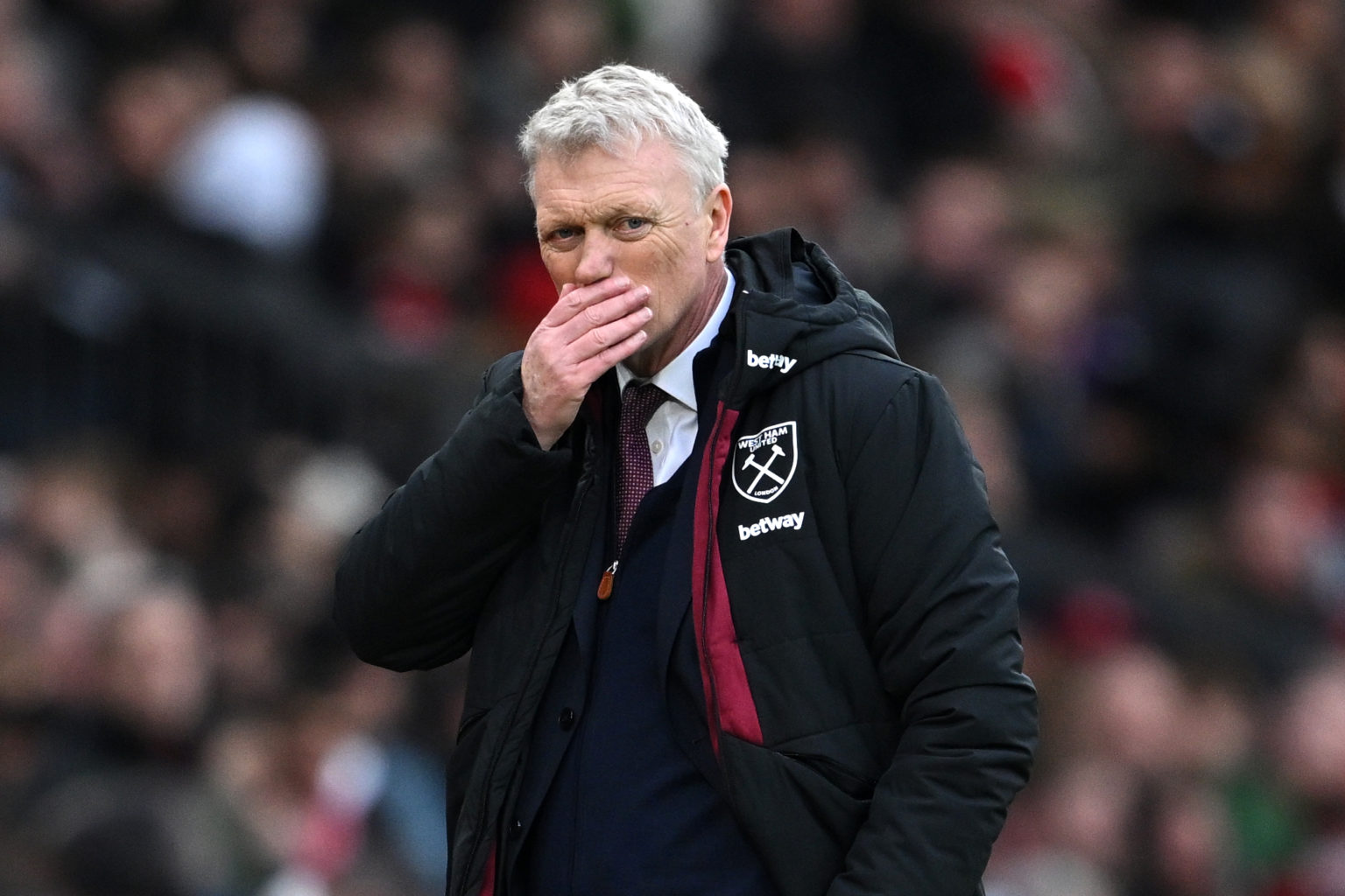 David Moyes, Manager of West Ham United, reacts during the Premier League match between Manchester United and West Ham United at Old Trafford on Fe...