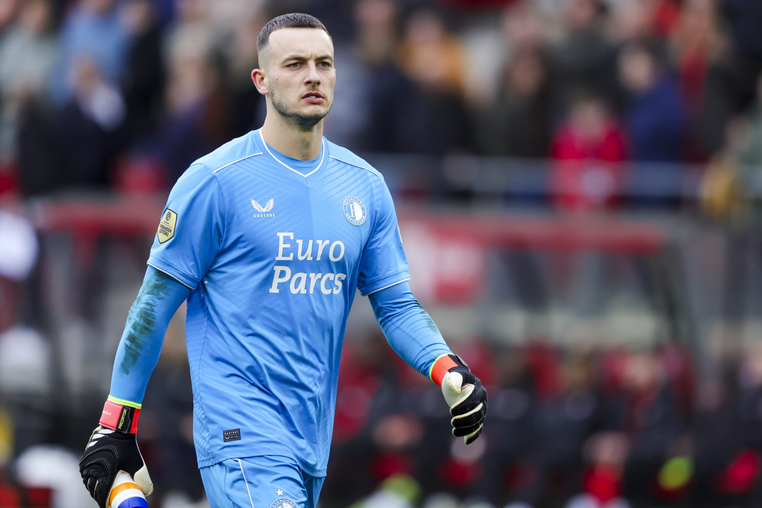 Goalkeeper Justin Bijlow of Feyenoord Rotterdam looks on during the Dutch Eredivisie match between AZ Alkmaar and Feyenoord at AFAS Stadion on Febr...