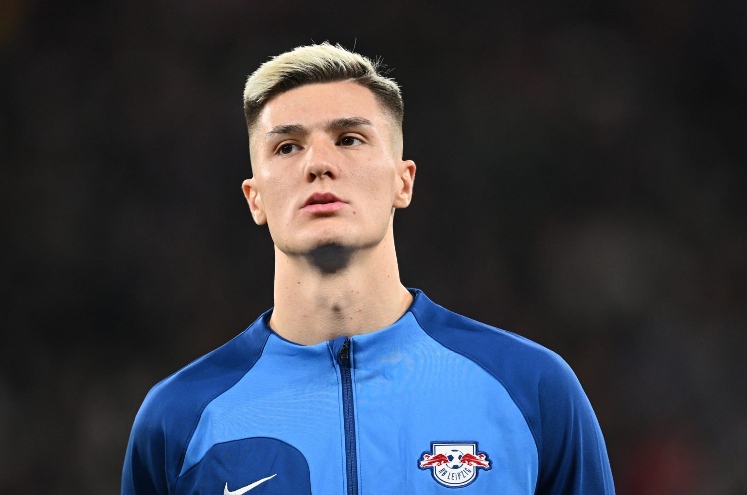 Benjamin Sesko of Leipzig lines up prior to the UEFA Champions League 2023/24 round of 16 first leg match between RB Leipzig and Real Madrid CF at ...