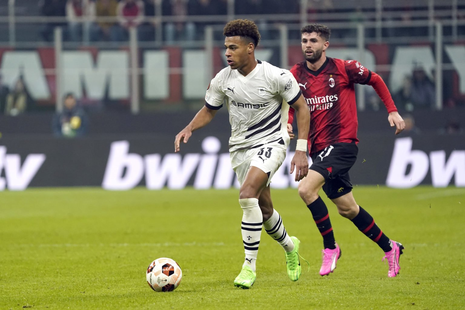 Desire Doue of Stade Rennais FC in action during the UEFA Europa League 2023/24 Knockout Round Play-offs First Leg match between AC Milan and Stade...