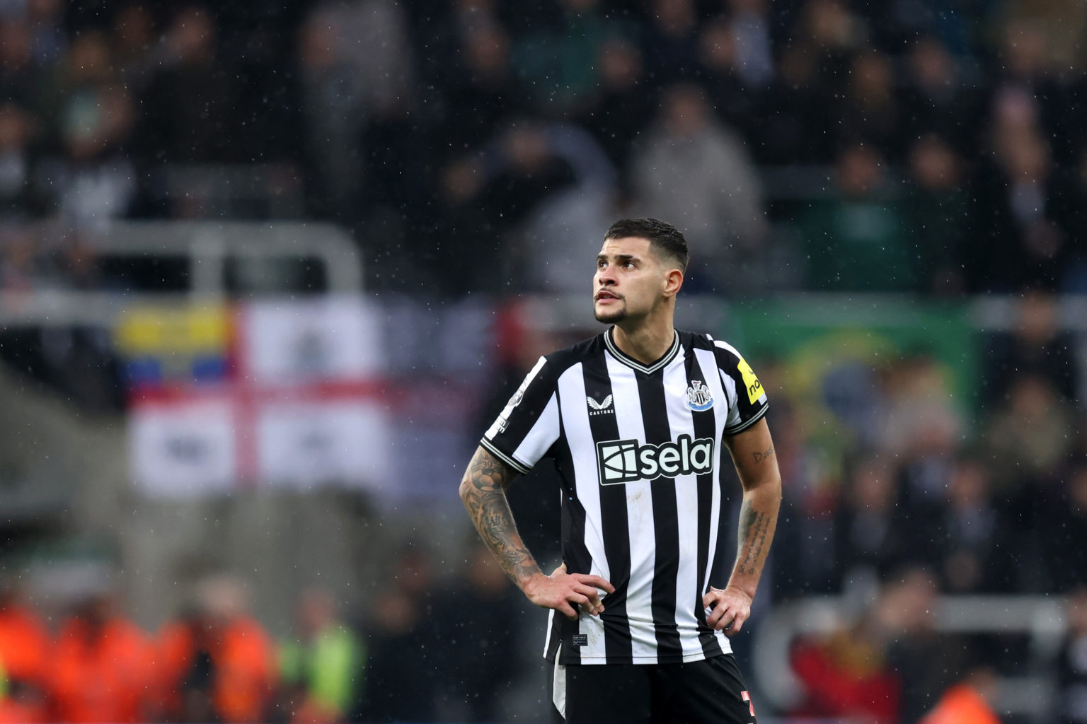 Bruno Guimaraes of Newcastle United looks on during the Premier League match between Newcastle United and AFC Bournemouth at St. James Park on Febr...