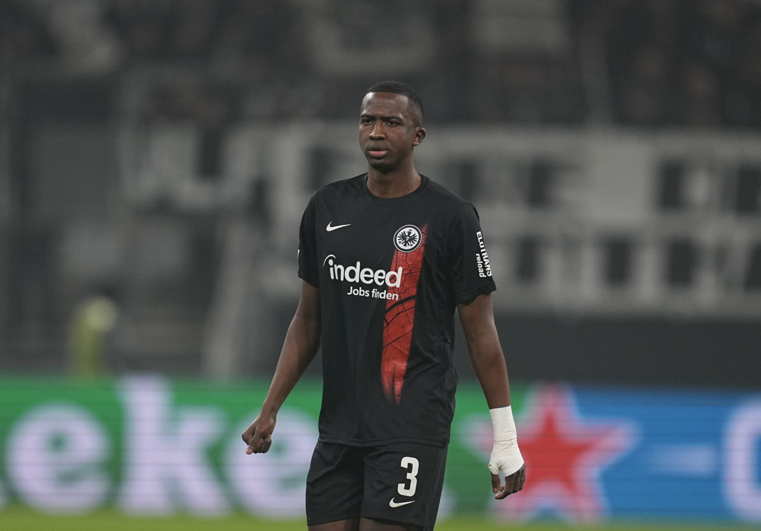 Willian Pacho of Eintracht Frankfurt looks on during the UEFA Europa Conference League 2023/24 playoff second leg match between Eintracht Frankfurt...