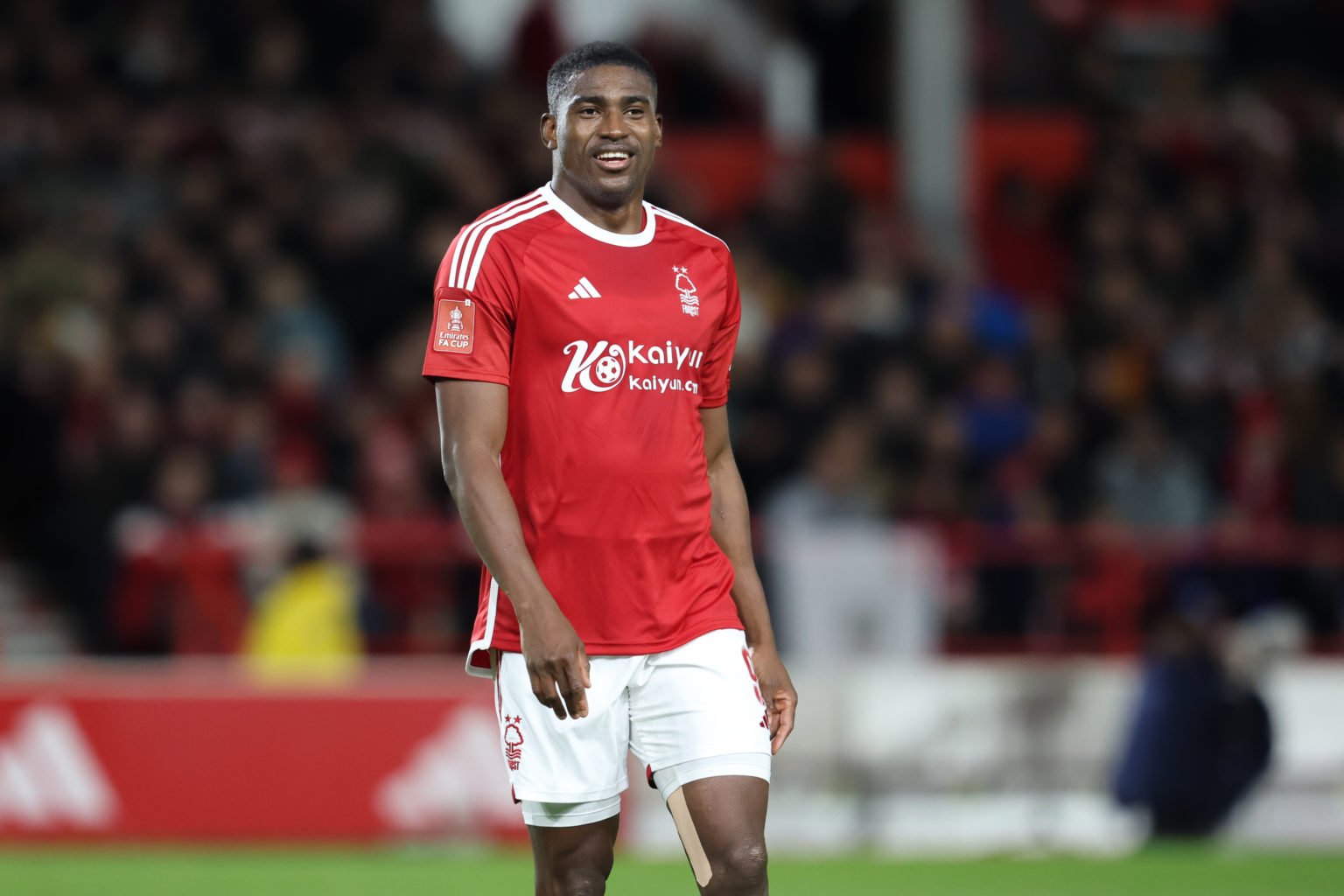 Taiwo Awoniyi of Nottingham Forest during the Emirates FA Cup Fifth Round match between Nottingham Forest and Manchester United at City Ground on F...