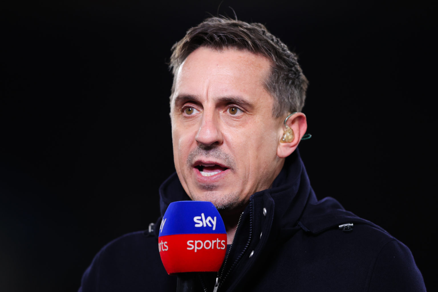 Sky Sports pundit Gary Neville prior to the Premier League match between West Ham United and Brentford FC at London Stadium on February 26, 2024 in...