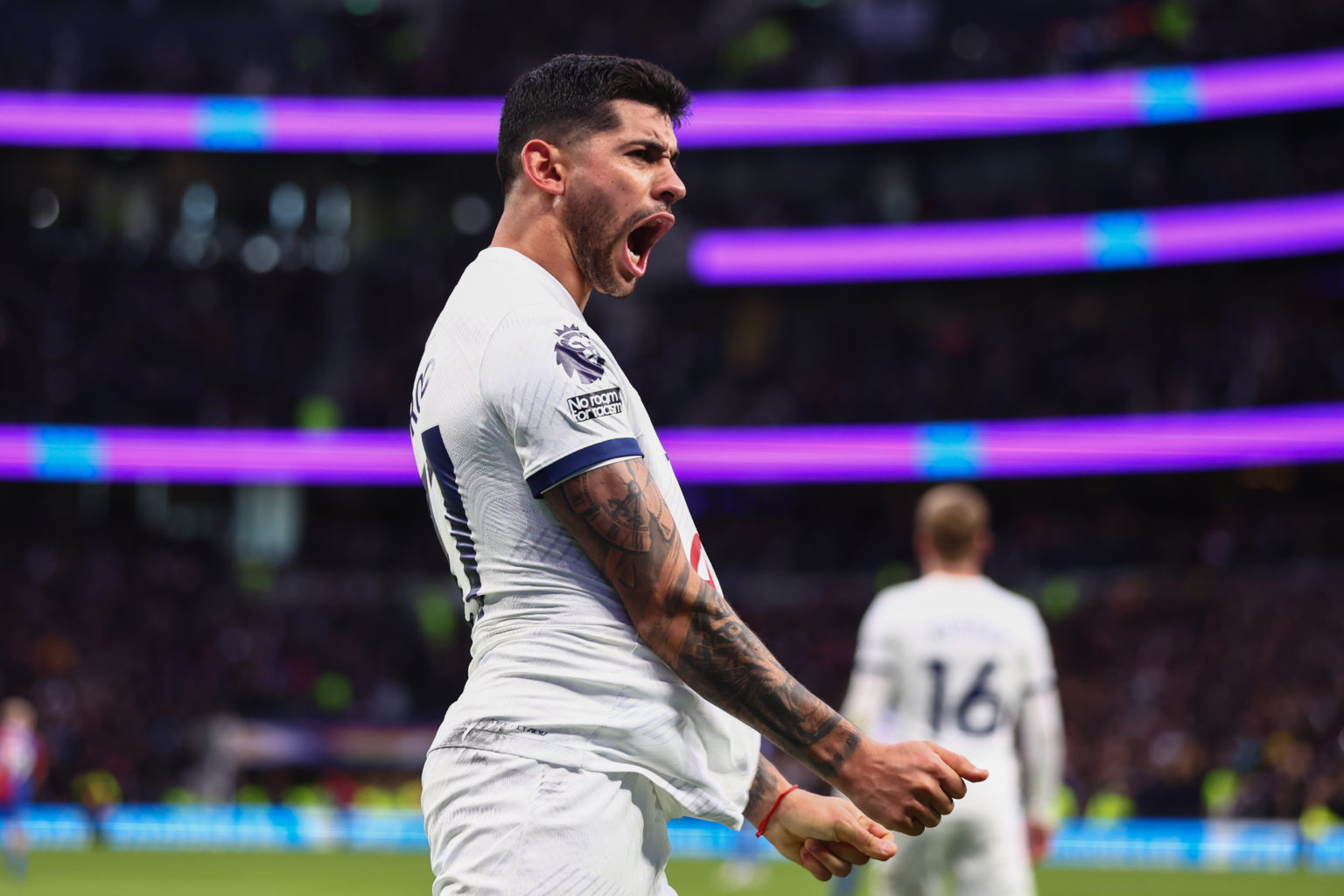 Cristian Romero of Tottenham Hotspur celebrates scoring  the second goal during the Premier League match between Tottenham Hotspur and Crystal Pala...