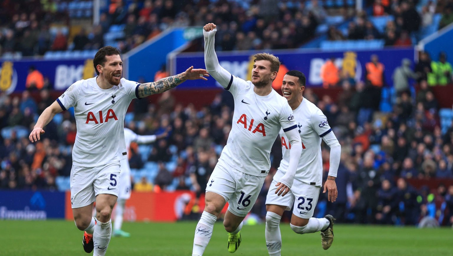 Timo Werner of Tottenham Hotspur celebrates scoring their 4th goal with Pierre-Emile Hojbjerg and Pedro Porro during the Premier League match betwe...