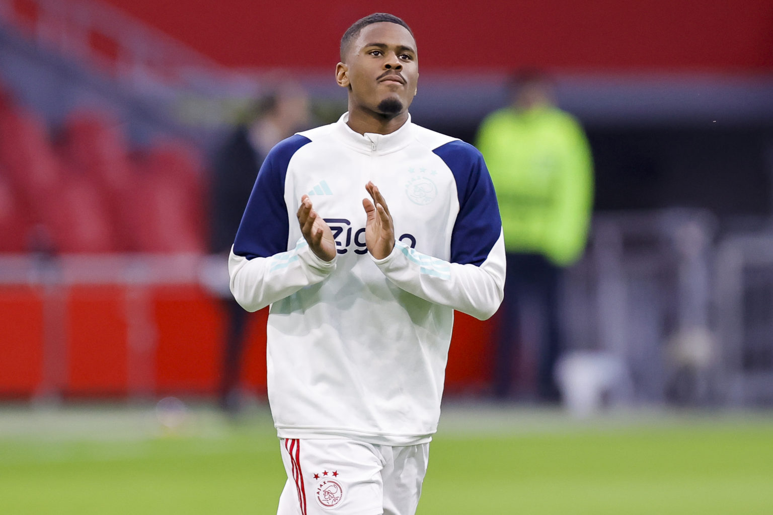 Jorrel Hato of AFC Ajax warms up prior to the UEFA Europa Conference League 2023/24 round of 16 first leg match between AFC Ajax and Aston Villa at...