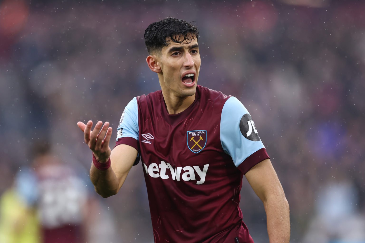 Nayef Aguerd of West Ham reacts during the Premier League match between West Ham United and Burnley FC at London Stadium on March 10, 2024 in Londo...