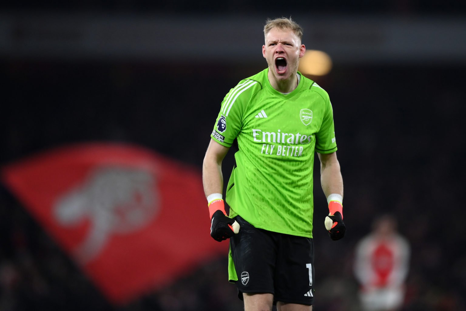 Aaron Ramsdale of Arsenal celebrates after teammate Kai Havertz (not pictured) scores his team's second goal during the Premier League match betwee...