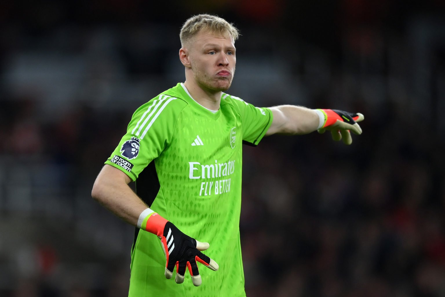 Aaron Ramsdale of Arsenal reacts during the Premier League match between Arsenal FC and Brentford FC at Emirates Stadium on March 09, 2024 in Londo...