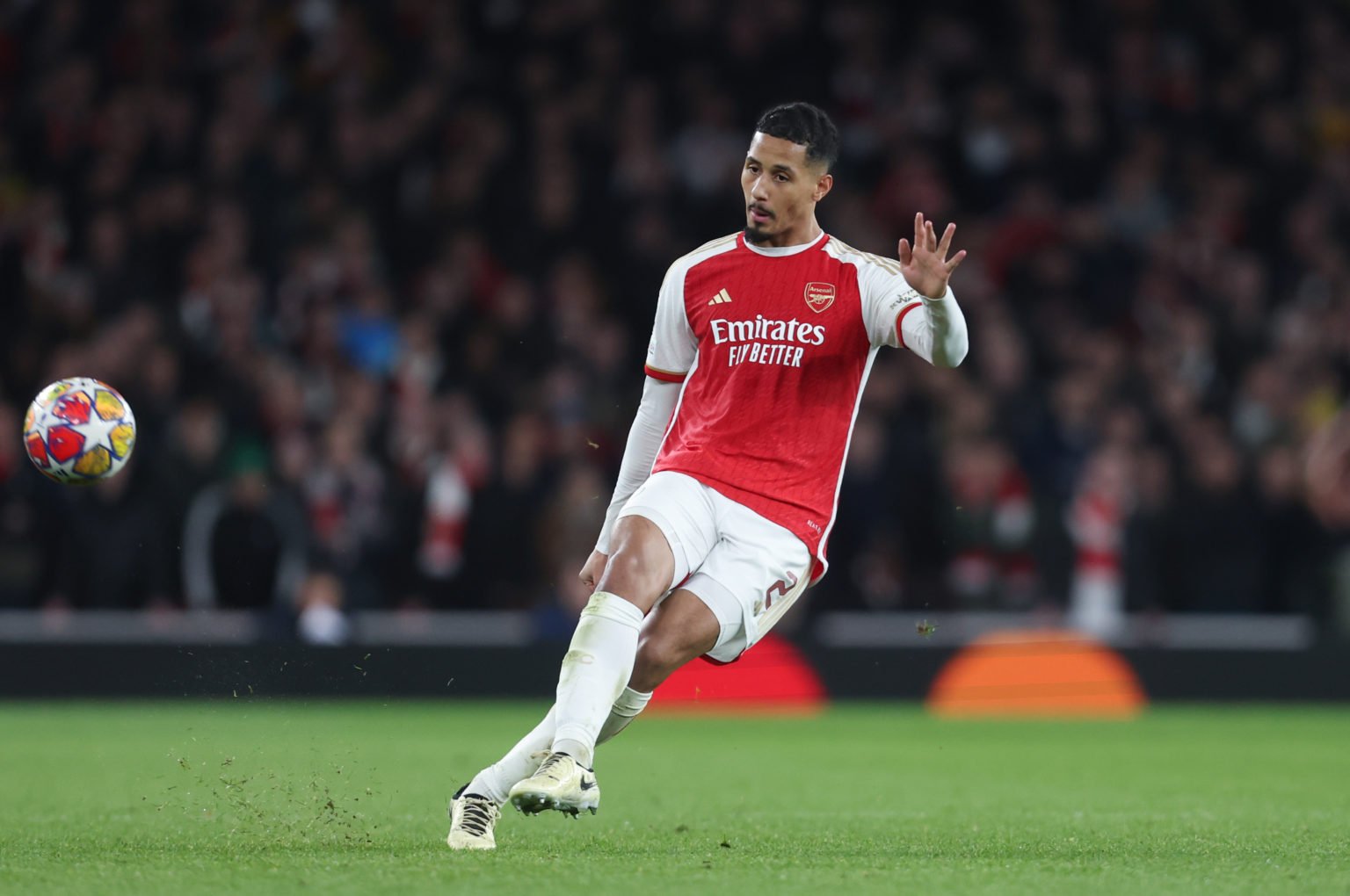 Arsenal's William Saliba during the UEFA Champions League 2023/24 round of 16 second leg match between Arsenal FC and FC Porto at Emirates Stadium ...