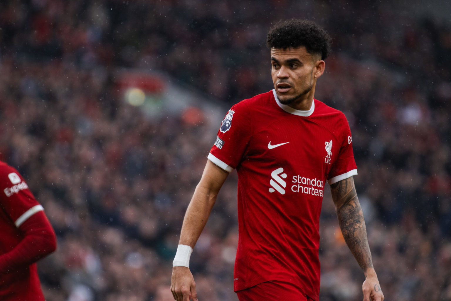 (THE SUN OUT, THE SUN ON SUNDAY OUT) Luis Diaz of Liverpool in action during the Premier League match between Liverpool FC and Manchester City at A...