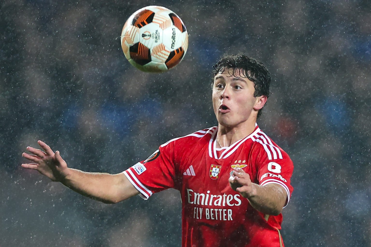 Joao Neves of Benfica during the UEFA Europa League 2023/24 round of 16 second leg match between Rangers FC and SL Benfica at Ibrox Stadium on Marc...