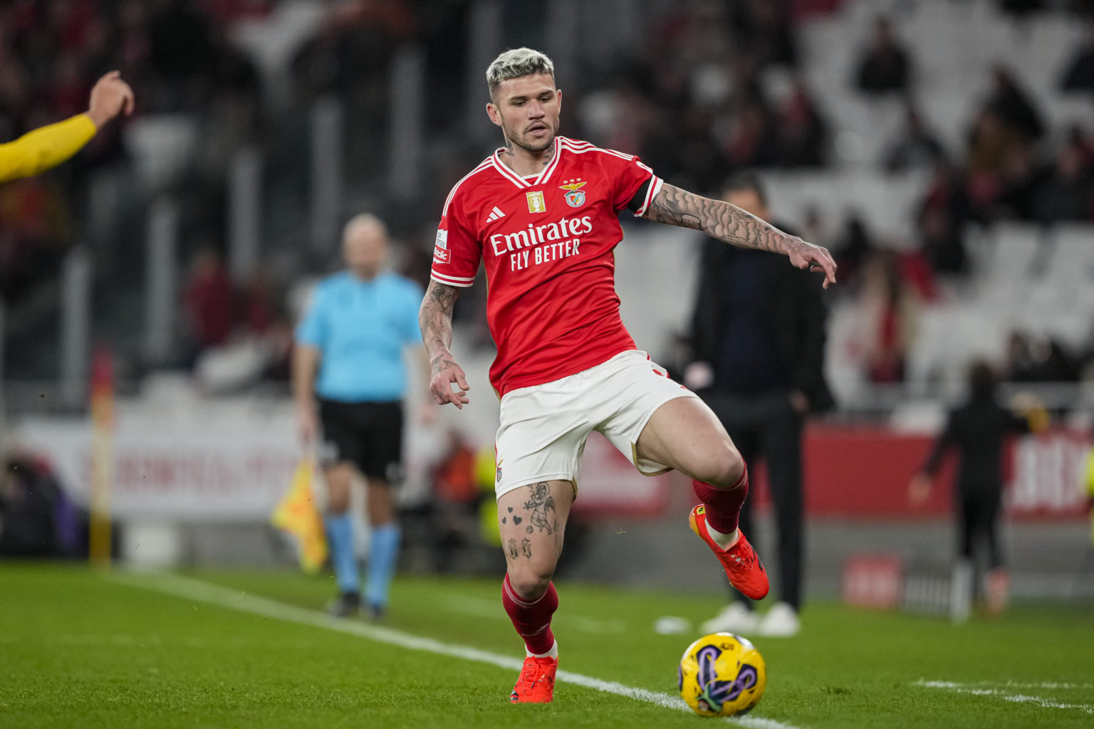 Felipe Morato of Benfica runs with the ball during the Liga Portugal Betclic match between SL Benfica and GD Estoril at Estadio do Sport Lisboa e B...