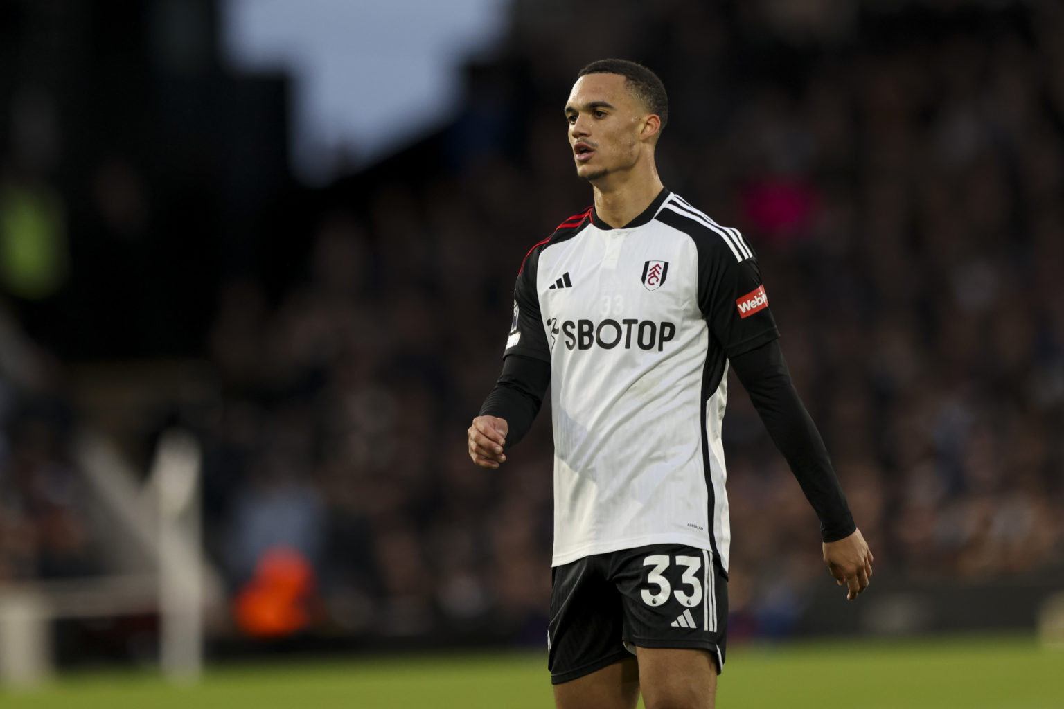 Antonee Robinson of Fulham is playing during the Premier League match between Fulham and Tottenham Hotspur at Craven Cottage in London, on March 16...